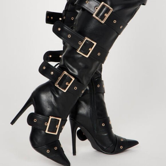" BUCKLED  UP BABE  " Over The Knee Heeled Boots - Black  ( BRAND NEW !!!!!! - Picture 1 of 6